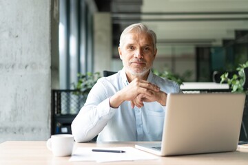 Canvas Print - Happy mature European business man ceo trader using computer, typing, working in modern office