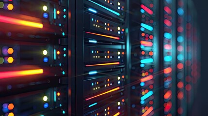 Row of network servers with glowing LED lights