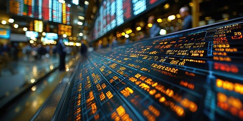 Leinwandbilder - A group of professionals in a conference room examining investment portfolios, with charts and data projected on a large screen.