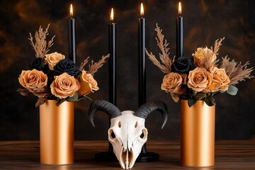 Western Gothic centerpiece with dried roses, animal skull, and black candles on a heavy wood table