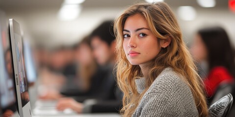 Aufkleber - A group of adults in a computer lab learning graphic design, each focused on creating digital projects on their screens.