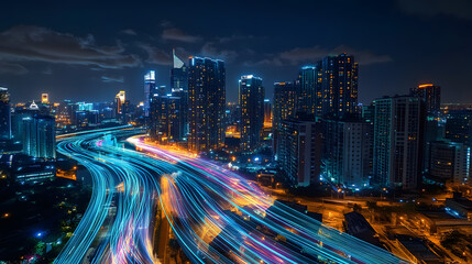 Wall Mural - smart city digital transformation development concept. band lights over modern urban cityscape at ni