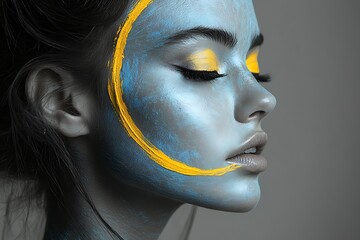 Wall Mural - Artistic portrait of a woman with blue and yellow face paint.