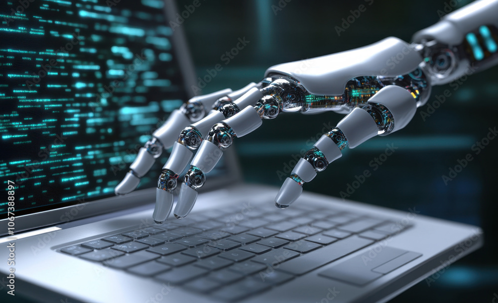 Robost Hand Using Computer The robot hand typing on an open laptop symbolizes the integration and ...