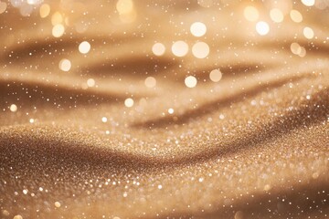 Abstract background with fireworks and golden glitter, shiny bokeh lights on a blurred light brown sand floor New Year's Eve celebration backdrop for product display or party invitation Generative AI