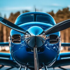 A close-up view of a blue airplane with a propeller.