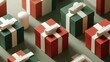 © Timeless Touch - Isometric view of geometric gifts in cube shapes, stacked and colored in red, green, and white on a muted background.