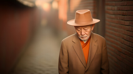 Wall Mural - An older Asian man wearing a brown hat and brown jacket walks along a brick wall.