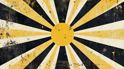 Wall Mural - A distressed, vintage-style, sunburst pattern with yellow and black stripes and a yellow circle in the center, creating a retro, radiant design.