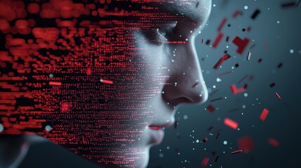 An abstract digital art piece depicting a human face merging with digital code and data streams, exploring the intersection of AI and human identity.