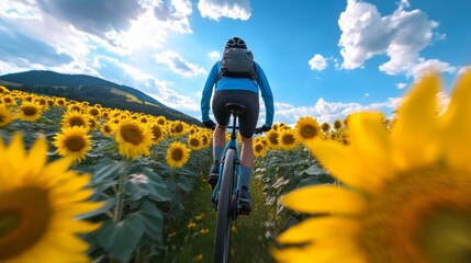 Cyclist riding through sunflower field with light box, bright yellow flowers, cheerful and bright.