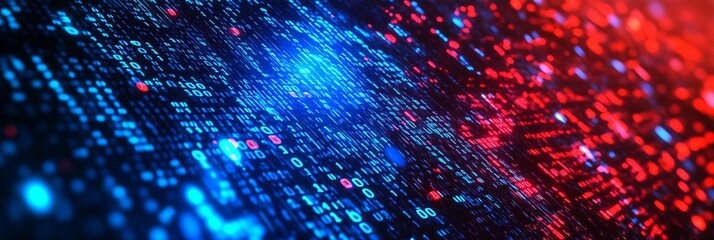 Abstract Digital Background with Glowing Data and Binary Code in Blue and Red Colors. AI generated illustration