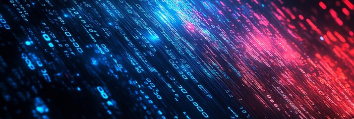 Abstract Digital Background with Glowing Data and Binary Code in Blue and Red Colors. AI generated illustration