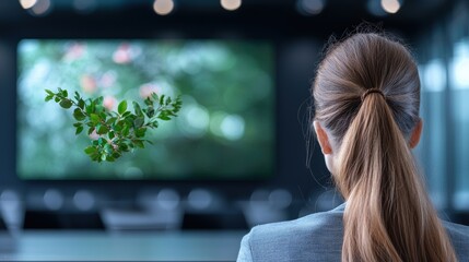 Wall Mural - A formal team meeting in a corporate boardroom, with team members seated around a large table, listening attentively to a presentation on a screen.