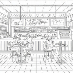 Wall Mural - A retro diner scene filled with happy customers, coloring page for kids, simple outline illustration. Coloring book, simple lines.