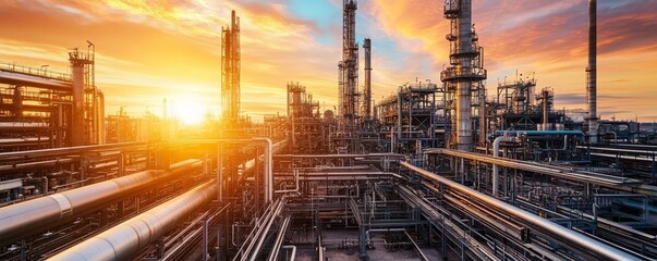 Wall Mural - Industrial oil pipeline network, sunset light reflecting on metal pipes, large gas processing plant in the background, wide-angle view