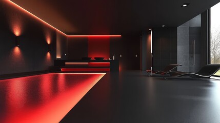 A modern bathroom with sleek black fixtures, a red-lit infinity pool, and a minimalist design. The red lighting creates a dramatic and sophisticated atmosphere.