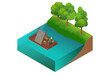 © Golden Sikorka - Isometric Travel down the river on a wooden raft. Fisherman catches fish, sits on a wooden raft. Rest and travel.