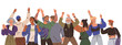© robu_s - A diverse group of animated people raises their hands in celebration. Highlighting unity and community. Ideal for diversity inclusion events community celebration social gatherings and teamwork