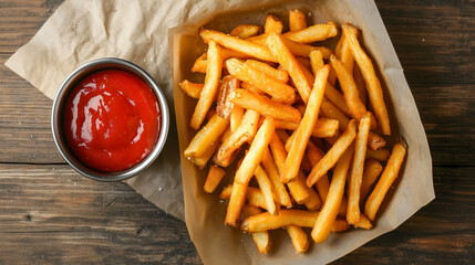 Top view of crispy golden french fries on a wooden plate, served with ketchup for a delicious, fast food snack, offering a savory, salty treat for lunch or dinner with the of roasted potato and sauce 