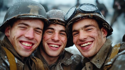 Soldiers celebrate friendship and resilience amidst a snowy battlefield in historic world war ii setting