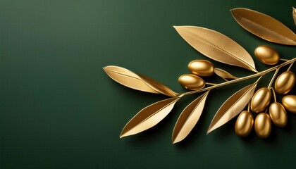 Elegant Gold Olive Branch on Deep Green Background. Luxurious Botanical Concept Art for Branding, Packaging, and High End Product Design, Emphasizing Wealth, Growth, and Prosperity