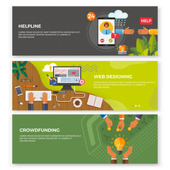 Business banners set crowdfunding, web designing and helpline. Collective collaboration of people who voluntarily pool resources together. Telephone service that offers assistance to those who call