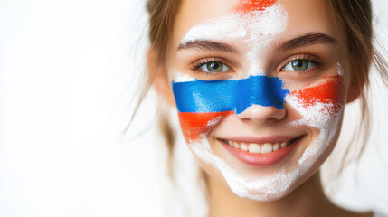 Wall Mural - Portrait of a young woman with russian flag face paint for national pride and celebrations