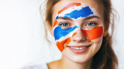 Wall Mural - Portrait of a young woman with russian flag face paint for patriotic celebration