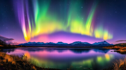 Minimalist northern lights aurora night landscape with mountains in the background