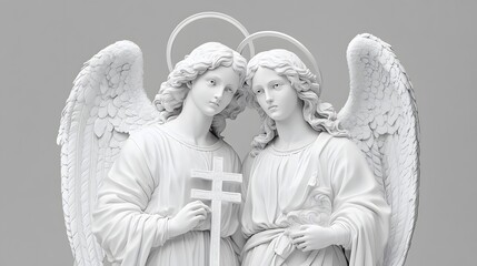 Two different side views of an angel statue holding a cross, one on the left and the other on the right side, against a grey background with a marble texture, in high quality.