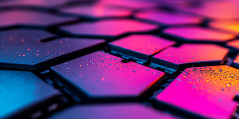 Sticker - Close-up of a tire tread with water droplets, illuminated by colorful neon lights.