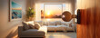 © Igor Tichonow - Modern living room with a view of a tropical sunset over the ocean through a large window, highlighting comfort and relaxation. Real estate, moving home or renting property concept.