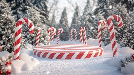 Leinwandbilder - Christmas podium surrounded by candy canes in snowy forest displaying festive products