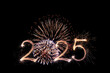 © Nataliia - Sparkler 2025. Firework illumination on dark sky background, happy new year 2025 concept. Sparkler 2025 text colorful firework. Happy New Year 2025 firework overlay background. Sparks, fireworks