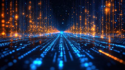 Wall Mural - futuristic tunnel filled with bright blue and orange lights. the lights are arranged in a way that c