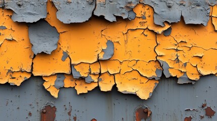 Wall Mural - Wall with peeling paint and rust, giving it a worn and aged appearance. The combination of orange and gray colors creates a sense of contrast and adds to the overall mood of the scene