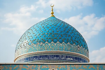 A stunning view of the intricate blue dome adorned with golden accents in a historic mosque