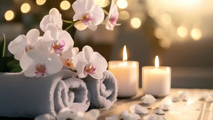 Poster - Soft rolled towels, delicate orchid flowers, and warm candlelight create a tranquil and inviting spa atmosphere, perfect for relaxation and pampering