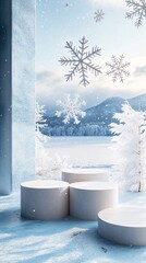 Aufkleber - White podiums displaying products in snowy winter wonderland with falling snowflakes