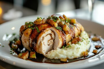 Wall Mural - Chicken and pork stuffed roasted breast roll with mashed potatoes on a white plate