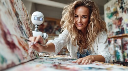 A joyful artist is engrossed in painting, assisted by a cute robot, showcasing the blend of creativity and technology in a modern artistic workspace.