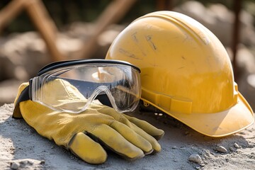 Safety gear with helmet and gloves on construction site