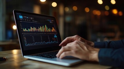 Businessman using a laptop screen charts analytics.