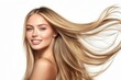 © LimeSky - Ecstatic blonde woman with long straight hair and flawless skin set against a gray backdrop in a studio portrait