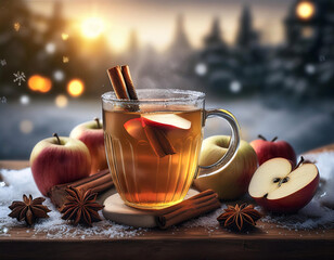 Wall Mural - A warm mug of apple cider with cinnamon sticks and apple slices, surrounded by fresh apples, star anise, and cinnamon sticks