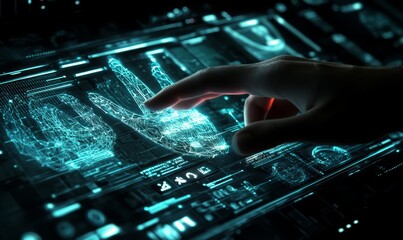 Hand interacting with futuristic digital interface technology, dark background