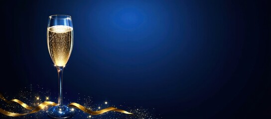 Wall Mural - New Year's Eve toast, champagne glass sparkling against a dark blue background with golden lights and ribbons, with ample space for text Generative AI