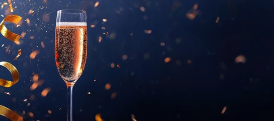 Wall Mural - New Year's Eve toast, champagne glass sparkling against a dark blue background with golden confetti and ribbon, with space for text, wide banner Generative AI