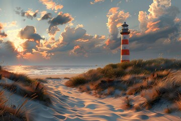 Wall Mural - Serene Coastal Sunset with a Striped Lighthouse Amidst Dunes and Dramatic Clouds